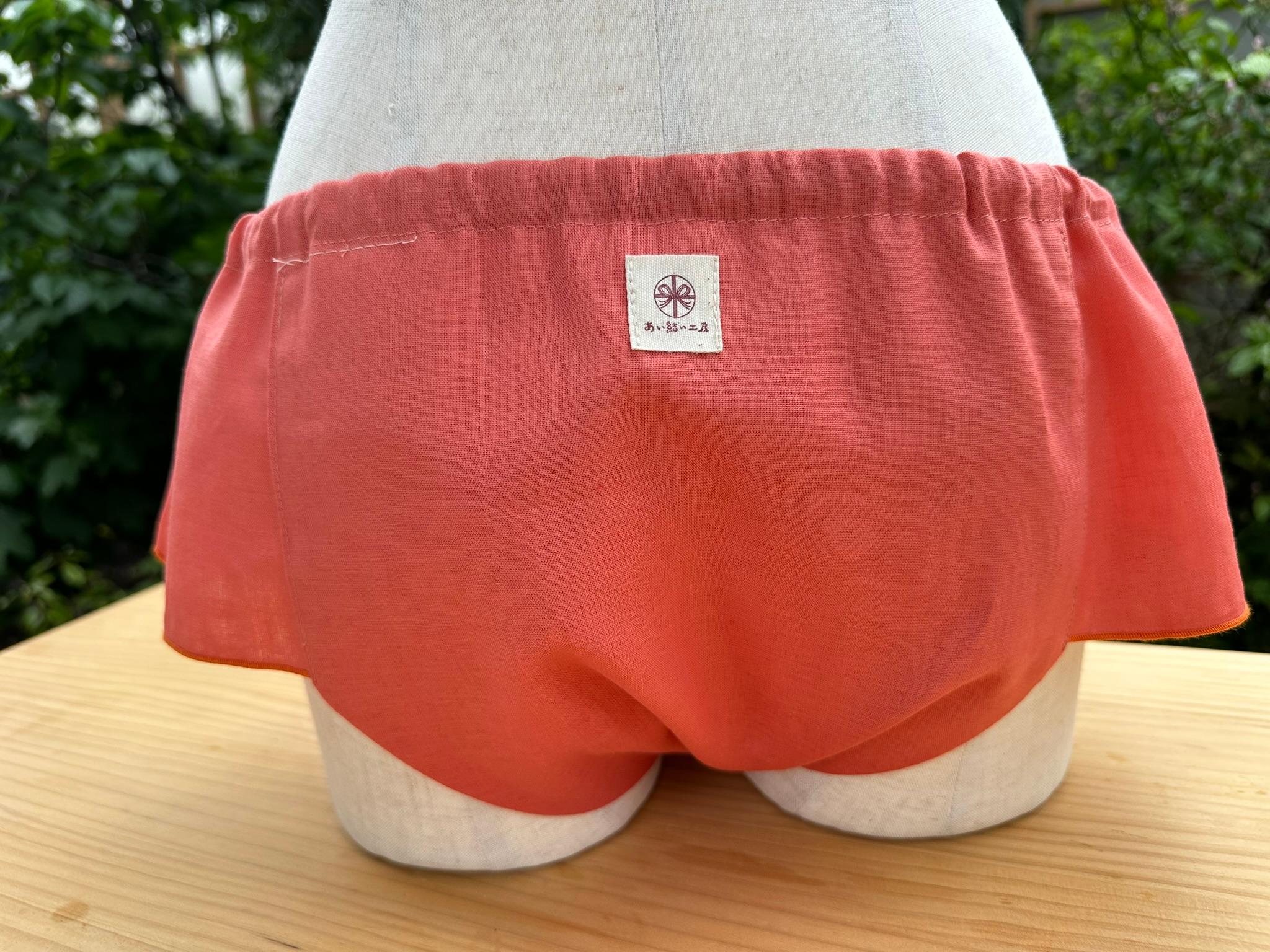 【めぐぱん】サイドフリル付 “ゆるんでめぐる” ゴムを使わない ショーツ ふんどし型 綿50/麻50 天然素材 アカ | 5枚目